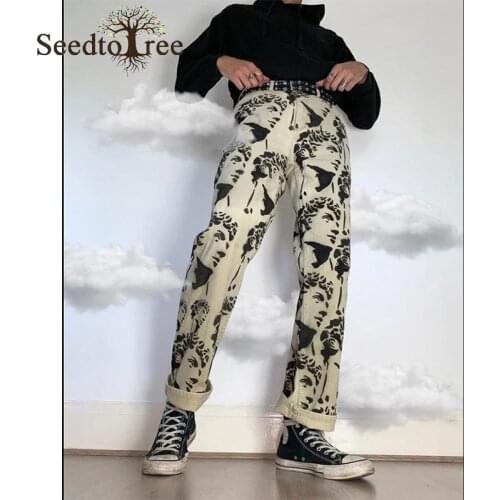 Mens Jeans Loose White Washed Straight Printed Casual Pants Character Pattern Printing Hip Hop Khaki Denim Trousers