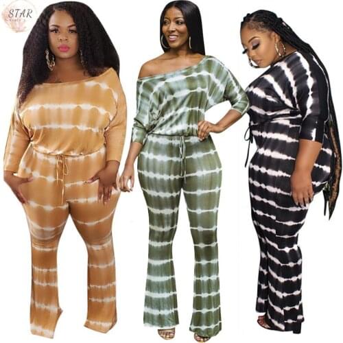 Plus Size XL-5XL Jumpsuit Women 2021 Striped Loose with Sashes Flared Romper One Piece Bodysuit Traksuit Wholesale Dropshipping