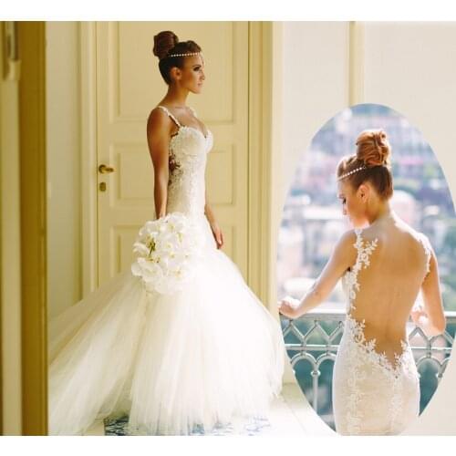 Romantic Sweetheart Beaded Sleeveless Spaghetti Straps See Through Back Lace Mermaid Wedding Dresses Vestido De Noiva 2020