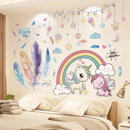 [shijuekongjian] Cartoon Unicorn Animals Wall Stickers DIY Feathers Wall Decor Decals for Kids Rooms Bedroom House Decoration