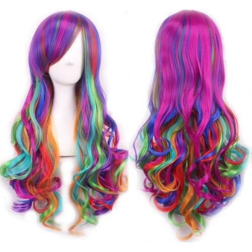 Top Wig Women Anime Cosplay Wig Long Curly Wave Harajuku Style Rainbow Hair Party Costume Lolita Wig