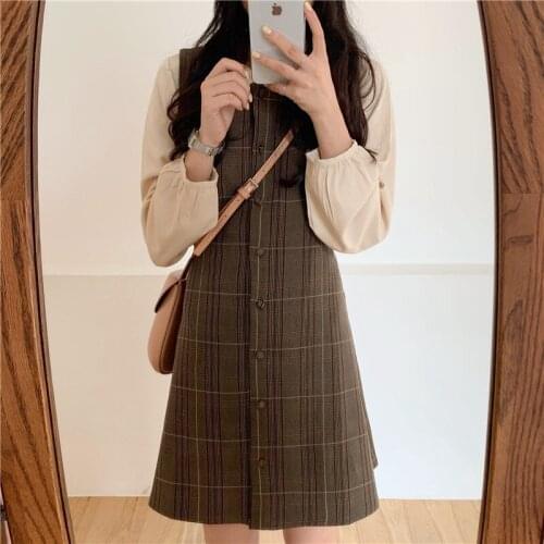 2021 England Style Spring Autumn Women Mini Sundress Square Collar Brown Plaid Sleeveless Dress Cute Vintage Korean Tank Dress