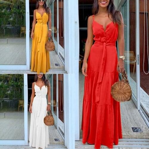 Women Summer Spaghetti Strap Sexy V-Neck Button Maxi Long Dress Belted High Waist Solid Color Ruffled Beach Sundress H9ED