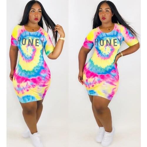S-XXL Womens Tie Dye Ombre Printed Half Sleeve O Neck Tunic Swing Irregular T-Shirt Midi Dress Plus Size