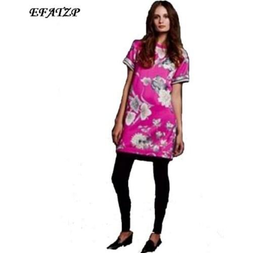 New 2017 Summer Fashion Designer Brand Dress Womens flowers Print XXL Short Sleeves Stretch Jersey Silk Day Dress