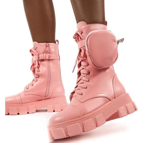 Winter Fashion Motorcycle Boots Wedges Flat Boots Woman High Heel Platform PU Leather Boots Lace Up Women Shoes Black Booties