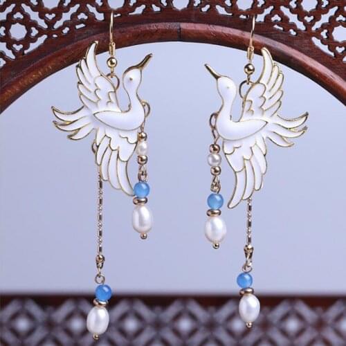 Ancient Chinese Long Tassel Earrings For Hanfu Women Ear Accessories Crane Flying Bird Pearl Drop Earrings Women Jewelry Gift