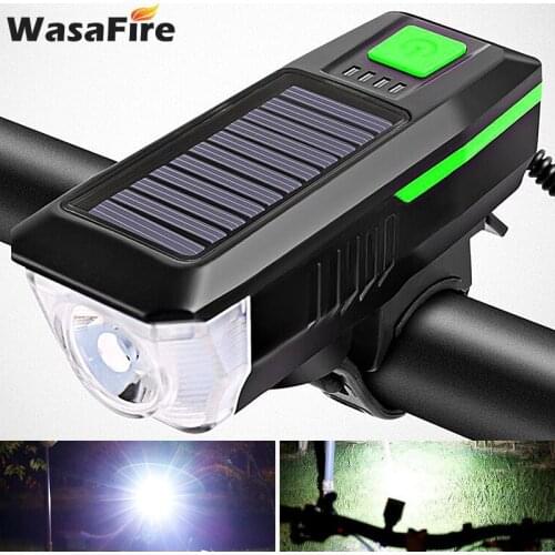 Solar Power Bicycle Light with Horn T6 LED Road Mountain Bike Front Light USB Rechargeable 3 Modes Bike Headlight Flashlight