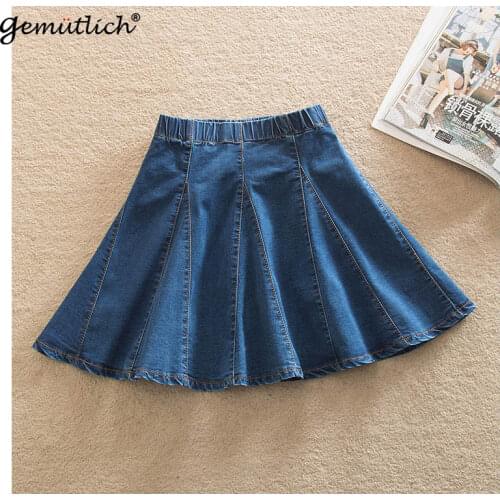 Gemutlich Plus Size S-9XL Women A-Lined Denim Mini Skirt Jeans Patchwork High Waist Pleated Skirt Preppy Style New Summer