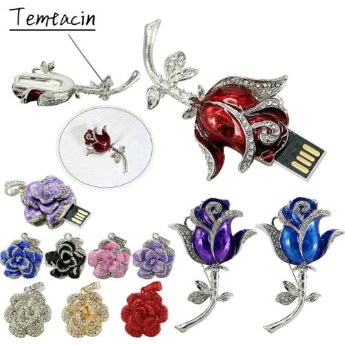 Crystal Necklace Pendant USB Flash Drive 256GB 64GB 32G 16G Rose Flower Jewelry Brooch Pen Drive 128GB Pendrive USB Memory Stick