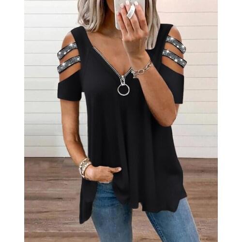 Summer Women Studded Zipper Designed T-Shirt 2021 Femme Casual Cold Shoulder Short Sleeve Top Tee Ladies Outfits Blouse Tunic