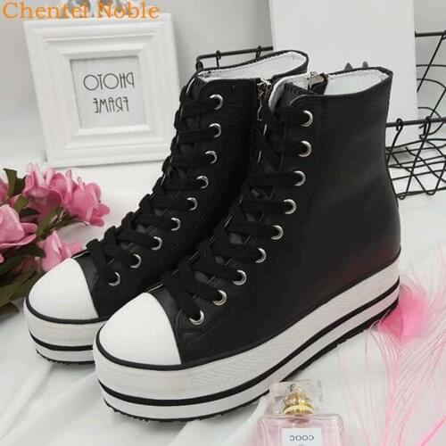 Top Fashion Autumn High Platform Shoes Woman Leather Side Zipper Casual Flats Shoe Round Toe Thick Bottom Zapatillas Mujer Black