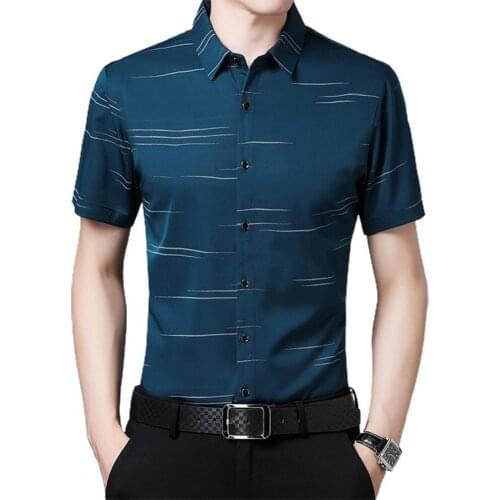 Men Social Shirt Horizontal Stripes Thin Summer Lapel Collar T-shirt for Business рубашка dresss elegant party dress 2021