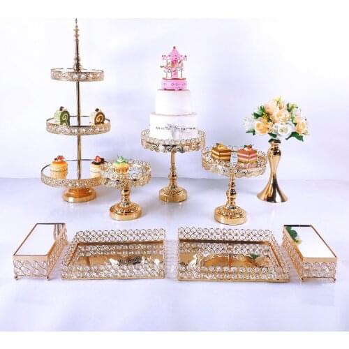 9pcs Gold plated cake holder set with crystal metal mirror cupcake holder decorative dessert pedestal party display cake tray