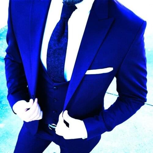 New Arrival Groomsmen Royal Blue Groom Tuxedos Peak Lapel Men Suits Wedding Best Man Blazer ( Jacket+Pants+Vest+Tie ) C444