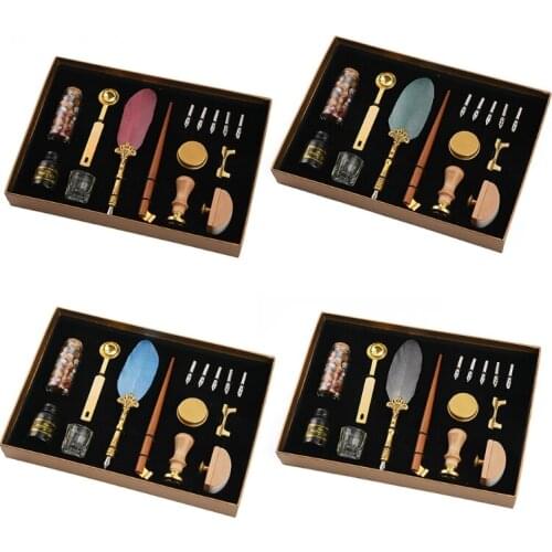 Retro Calligraphy Quill Feather Dip Pen with Nibs Wax Seal Stamp Holder Gift Box Stationery