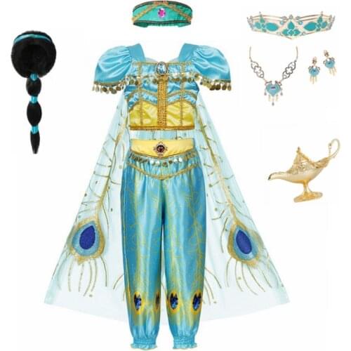 Girls Jasmine Dress Up 3 Pcs Set Kids Sequined Flower Printed Arabian Princess Costume Children Halloween Cosplay Fancy