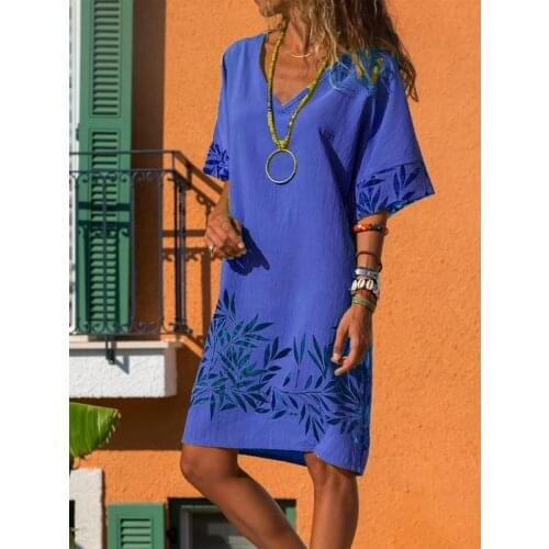 Half Sleeve Midi Print Floral Dress for Women Clothes 2021 Summer Vacation Loose Casual V-Neck Elegant Party Sundress Ladies