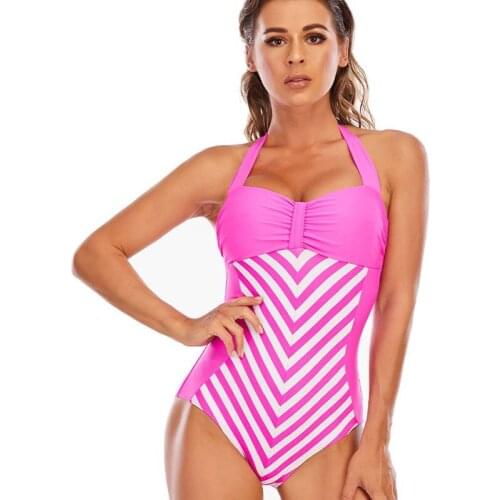 Striped One-Piece Triangle Swimsuit Halterneck Swimsuit Women
