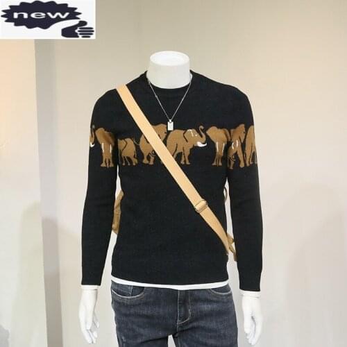 Street Style Casual Long-Sleeve All-Match Pullover Men New Knitting Wool Sweaters Elephant Print Fashion Slim Tops Autumn Winter