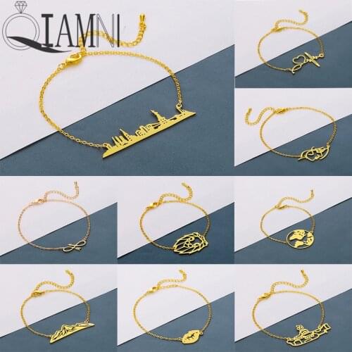 QIAMNI Stainless Steel New York City Lion Arrow Lips Map Boat Heartbeat Bracelet Women Girls Souvenirs Jewelry Birthday Gift