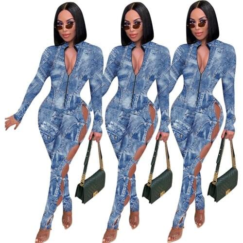 Custom Sexy slim-fit jumpsuit fashion denim print jumpsuit A8049