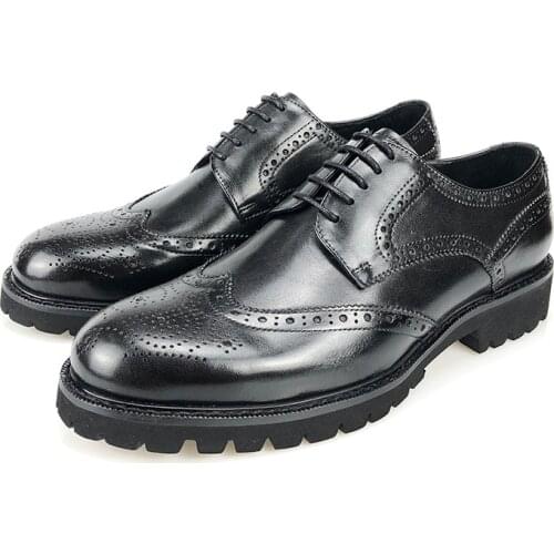 Men Italian Wingtip Genuine Leather Oxford Shoes Pointed Toe Lace-Up Oxford Dress Wedding Business Mens Platform Shoes 3cm Heels