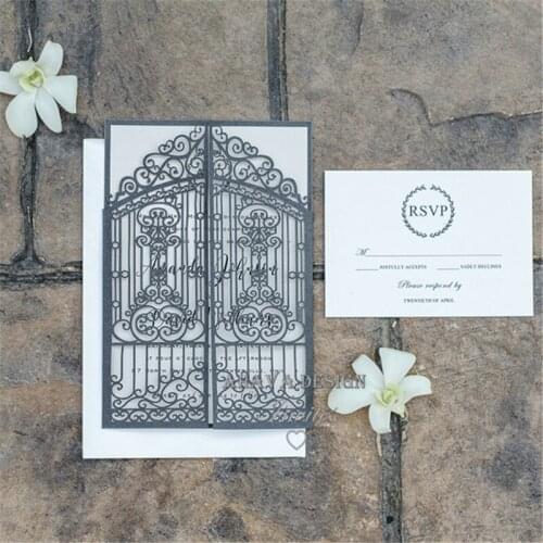 Vintage Slate Grey Intricate Laser Cut Gate-Folded Wedding Invitation