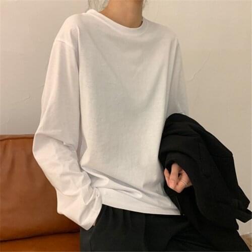 2021 New Ovesize Loose Long Sleeve Women Tshirts Casual Black White Tees O Neck Basic Tops for Spring Summer