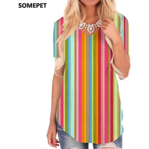 SOMEPET Colorful T-shirt women Stripe V-neck Tshirt Gradient Funny T shirts Rainbow T-shirts 3d Womens Clothing Hip hop Cool New
