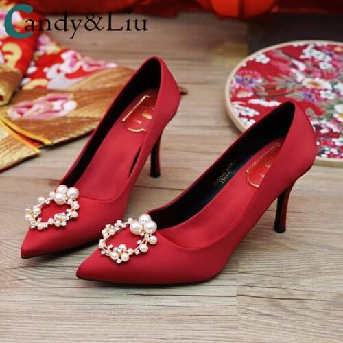 Wedding Shoes Bride Lovely Pearls Stone Pointed Toe Satin Graceful Thin Higher Heels 6cm 8cm Red Evening Date Female Cute Pumps