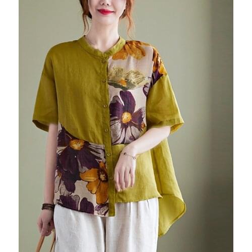 Women Cotton Linen Casual Shirts New Arrival 2021 Summer Vintage Style Patchwork Print Loose Female Short Sleeve Tops B690
