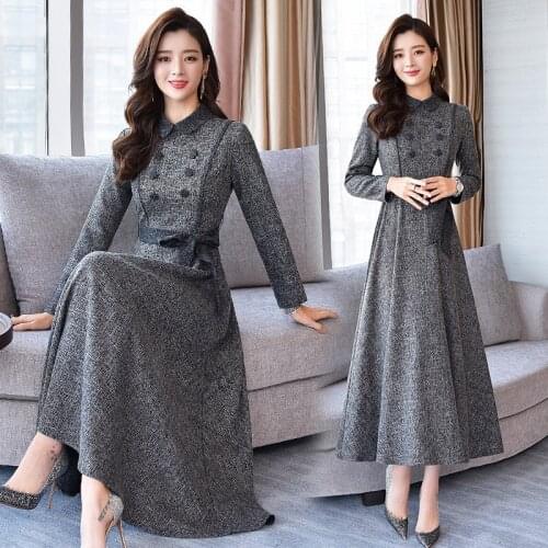 2021 Fall Spring Women Double Breasted Patchwork Buttons Grey Long Dress , Korean Style Woman Elegant Slim 3xl Dresses