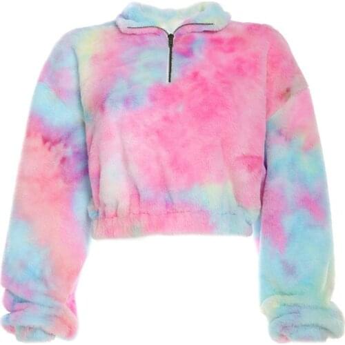 Women Winter Plush Rainbow Tie-Dye Long Sleeve Coat Jackets Turtleneck Zipper Up Pullover Crop Top Sweatshirt Hip Hop Streetwear
