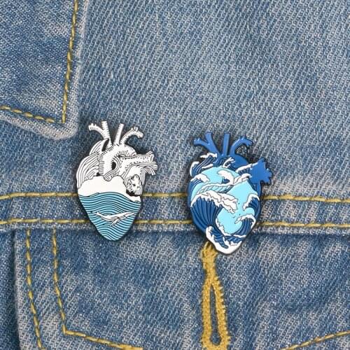 Ocean Wave and Whale Pin Blue Human Heart Lapel Pins Anatomical Heart Enamel Pin Heart Anatomy Badges Gifts for Doctor Nurse