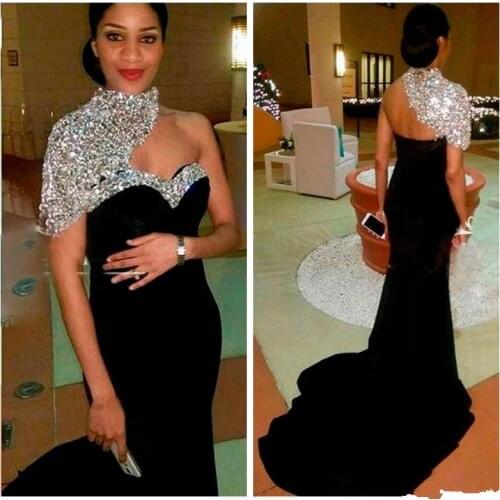 2020 Bling Bling Elegant Black Mermaid Evening Dresses High Neck Crystal Beaded Short Sleeves Women Crystal Beaded Prom Gown