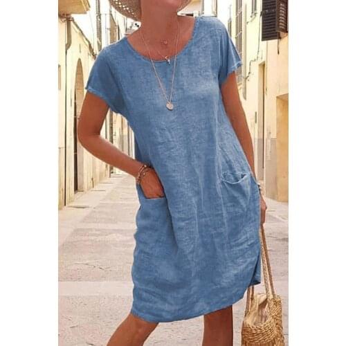 2021 Summer Loose Solid Color Pocket Short Sleeve Round Neck Cotton Linen Mid Waist Casual Dress Women 's Clothing Plus Size 5XL