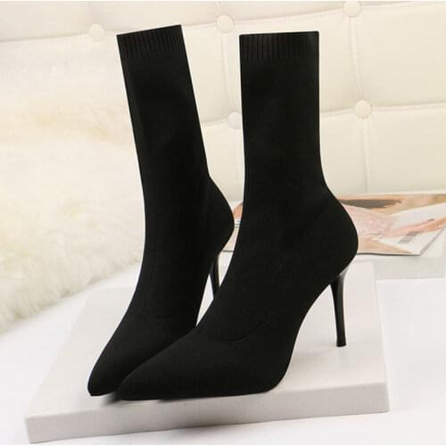 2020 Spring Autumn Sexy Sock Pointed Boots Large Size 42 High Heels for Women Fashion 7cm Glamour Black Ankle Boots Female