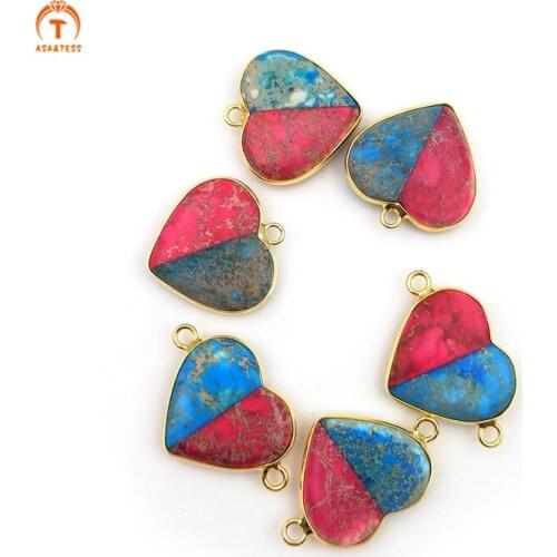 5pcs Natural Emperor Stone Heart Shape Diplopore Gold Connector Pendants Exquisite Charm Woman Jewelry Necklace Bracelet Making