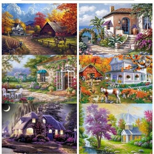 Village house DIY Diamond Painting full square villa DIY Diamond embroidery full round landscape house Diamond painting Mosaic