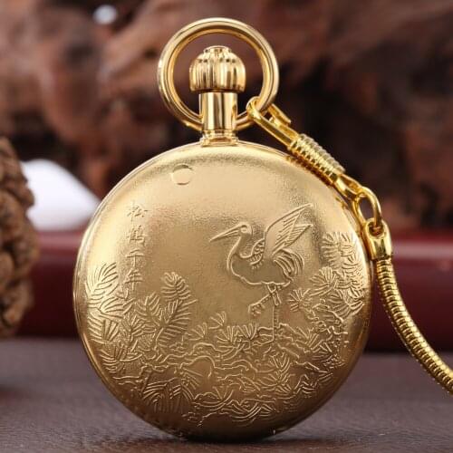 Carved Crane Engraved Pattern Automatic Mechanical Pocket Watch Roman Numerals Luminous Pointers Dial Clock Pendant Gift