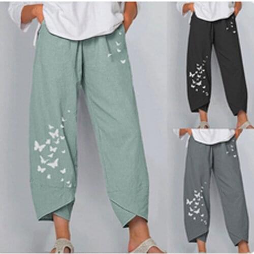 Summer Casual Loose Cotton And Linen Butterfly Print Wide-Leg Pants Women Fashion Pocket Green Trousers Womens Clothing Femme