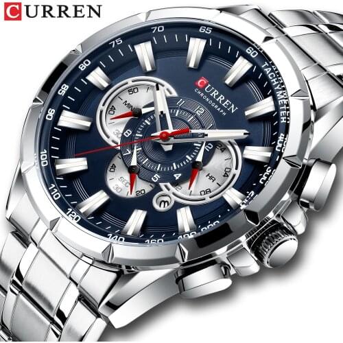 CURREN Fashion Causal Sports Mens Watches Stainless Steel Band Chronograph with Luminous Pointers Wristwatch Quartz Clock 8363