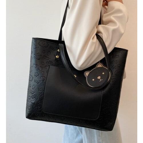 Black Casual Tote Bags for Women 2021 Stylish Big Cartoon Pattern Shoulder Bag Roomy Handbag Ladies Large Pu Leather Shopper Bag