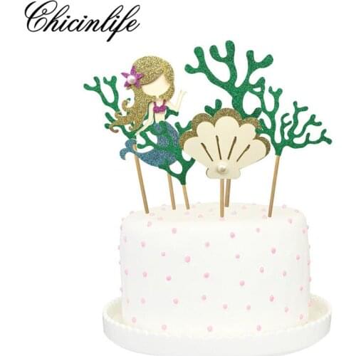 Chicinlife 6Pcs Glitter Mermaid Theme Happy Birthday Party Shell Coral Cake Toppers Kids Baby Shower Party Decoration Supplies