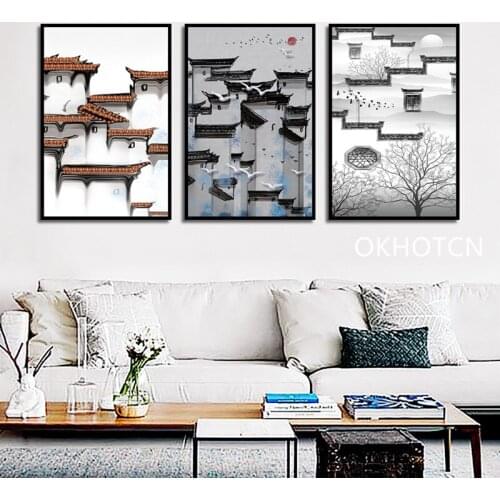 Ancient House Canvas Painting Nordic Poster Chinese Style Wall Pictures for Living Room Home Decoration Posters and Prints