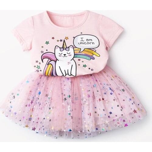Unicorn Girls Clothing Set Pure Cotton T-Shirt + Mesh Lace Skirt 2Pcs Suit Summer Kids Birthday Party Present For 2-8 Years