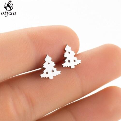 Oly2u Tiny Plant Earings Stainless Steel Christmas Tree Stud Earrings for Women Fashion Jewelry Best Gift for Girls Kids bijoux