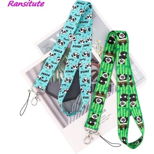 Ransitute R2164 Lovely Panda And Bamboo Blue Green Lanyards ID Badge Holder ID Card Pass Phone Straps Badge Key Holder Keychain