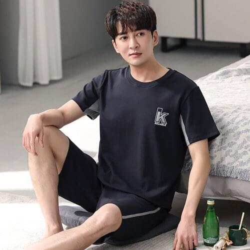 100% Cotton Men Summer Pajama Solid Fashion Letter Print Pijama Plus Size Loose Pajamas Thin Breathable Mens Sets Pajama Sets